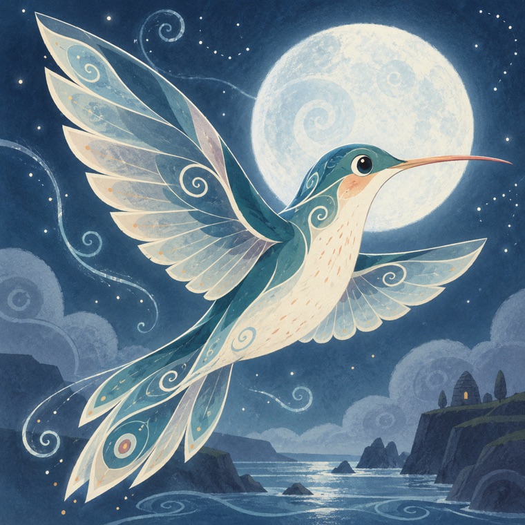 Illustration of a hummingbird in flight beneath a full moon over a rocky coastline, drawn in swirling hand-painted lines.