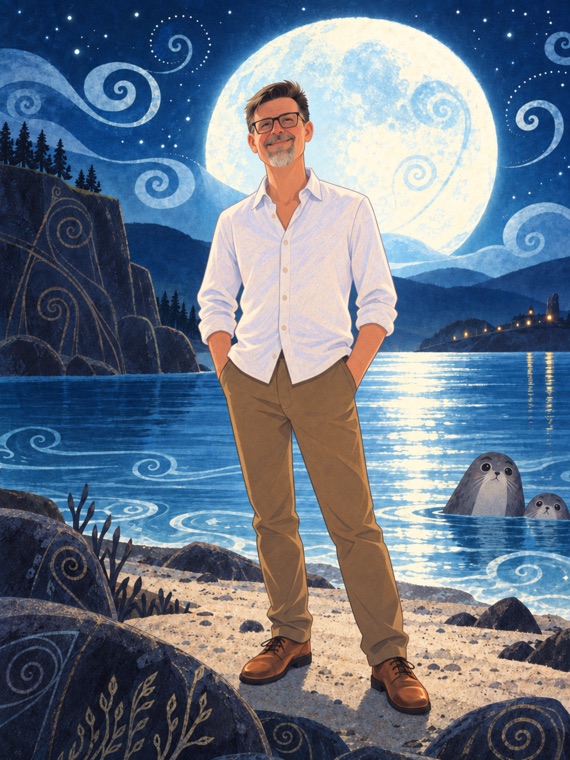 Illustrated portrait of Tim Richards standing on a moonlit shore, with seals watching from the water.